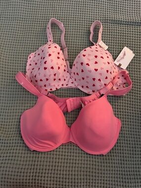 Jessica Simpson Pink Heart Print Push-Up Bra & Solid Pink Bra Set